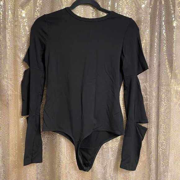N: Philanthropy Black Long Sleeve Cutout Stretchy Bodysuit Medium - Picture 2 of 6